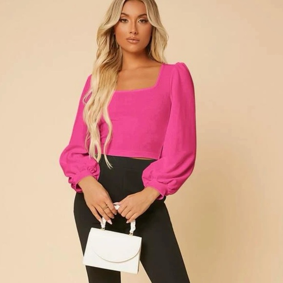 A2 - 143VHot pink square neck long lantern sleeve top petite size large - Picture 5 of 10